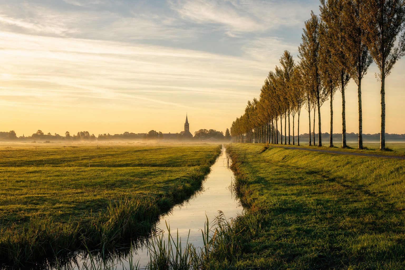 Nederlands polderlandschap bij zonsopkomst, met een kerktoren en een rij populieren.